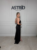 Rochie Roberta lunga din licra cu accesoriu auriu in talie si spate gol