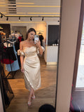 Rochie Amira midi din satin cu falduri in talie si mâneci bufante detașabile