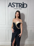 Rochie Opal midi neagră cu pietre la bust pe un umăr