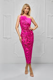 Rochie Alice midi pe un umăr cu aplicații paiete și puf