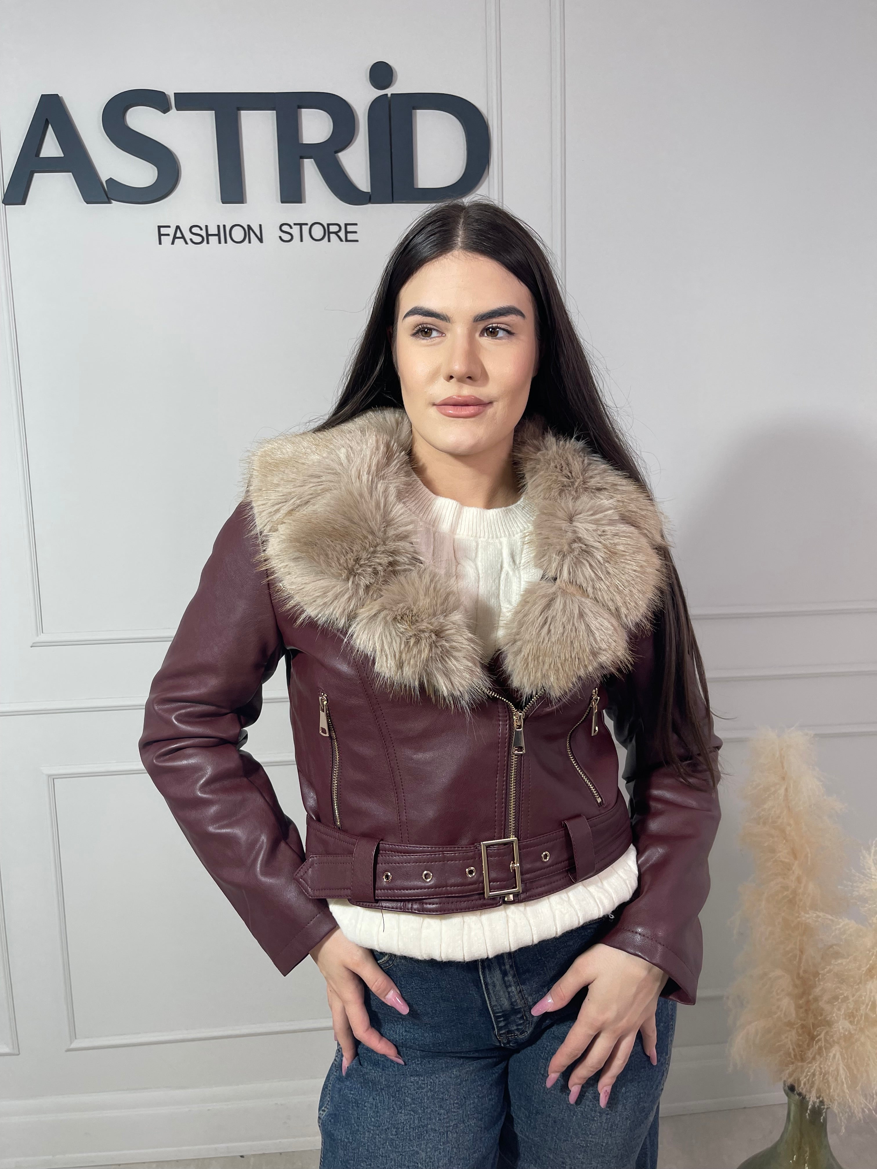 Geaca Sofi din piele eco guler blăniță și curea în talie