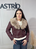Geaca Sofi din piele eco guler blăniță și curea în talie