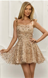 Rochie Amina aurie baby doll din dantela, bretele late