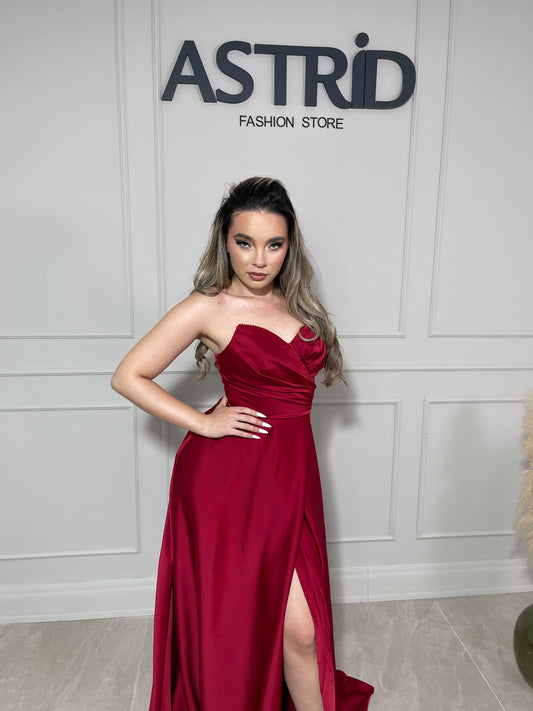 Rochie Eva lungă din satin tip corset și aplicații pietre la bust