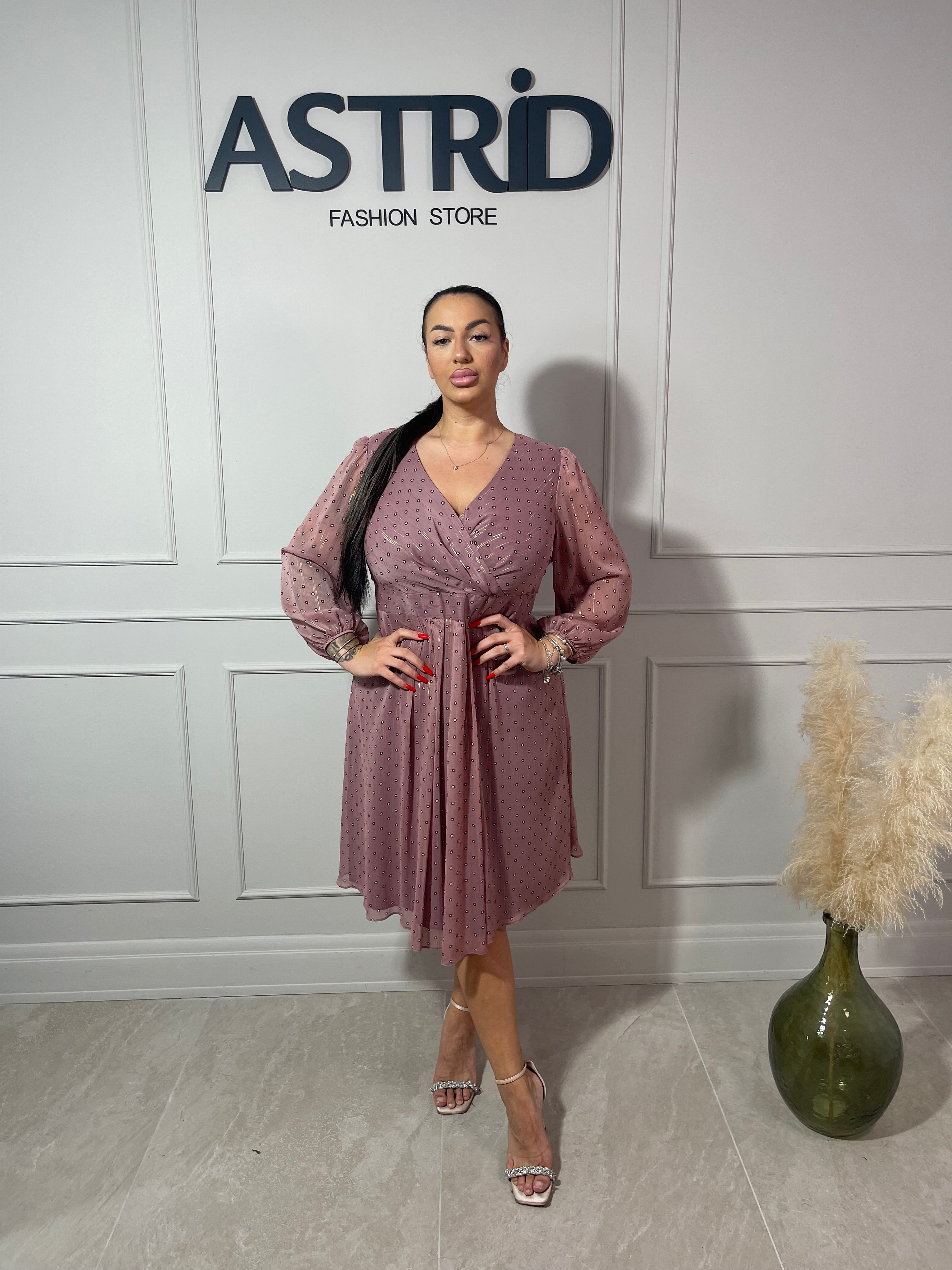 Rochie Kleo midi în cloș mânecă lungă imprimeu bulinuțe