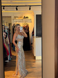 Rochie Gold lunga cu pietre si paiete
