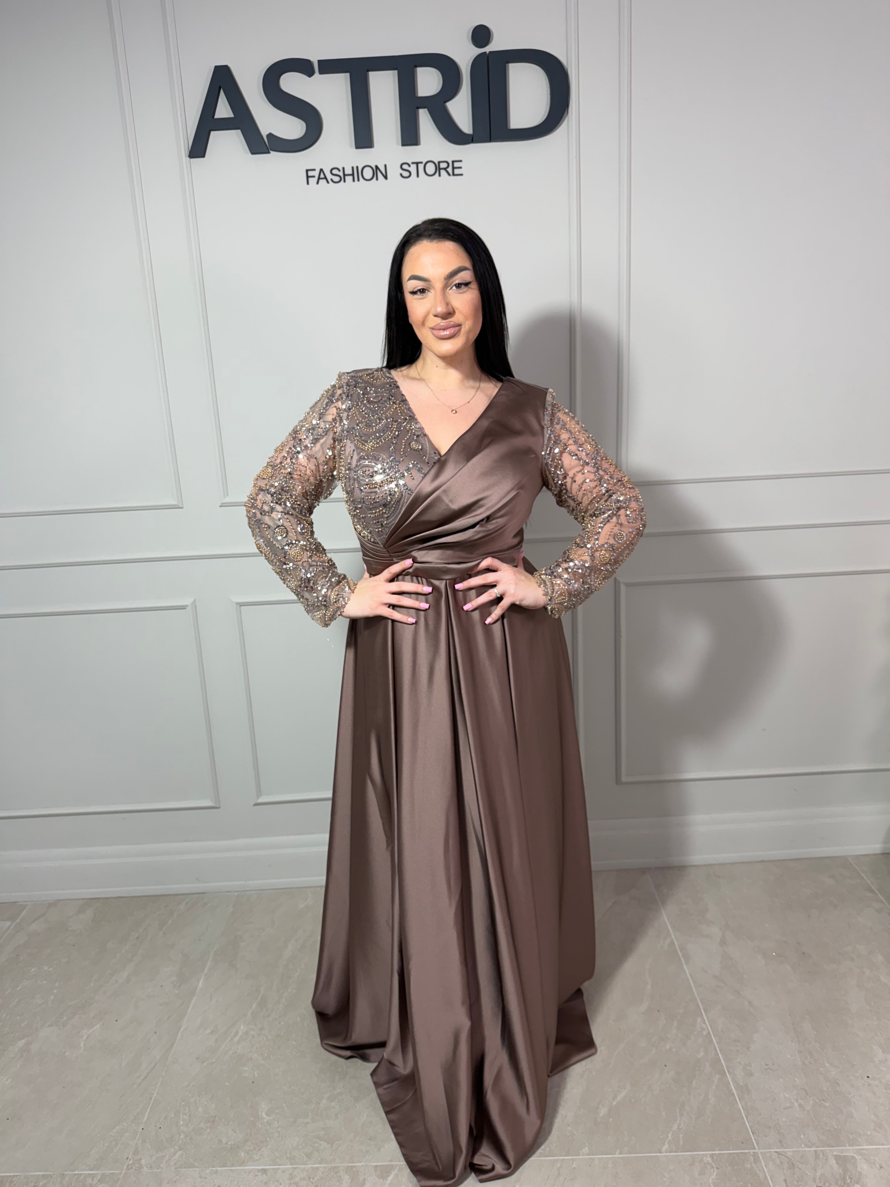 Rochie Zatara lungă din satin mânecă lungă și paiete la bust