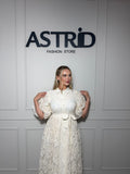 Rochie Aleya midi din broderie cu maneci bufante si cordon talie
