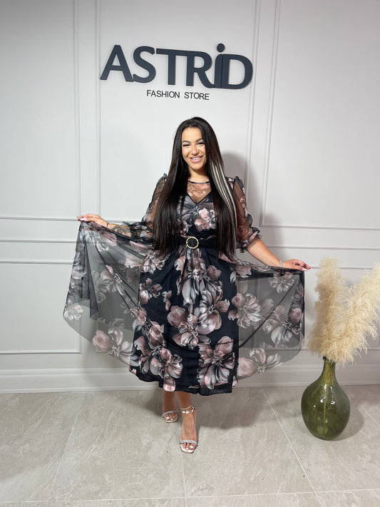 Rochie Eli midi din voal imprimeu floral și curea în talie
