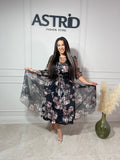 Rochie Eli midi din voal imprimeu floral și curea în talie