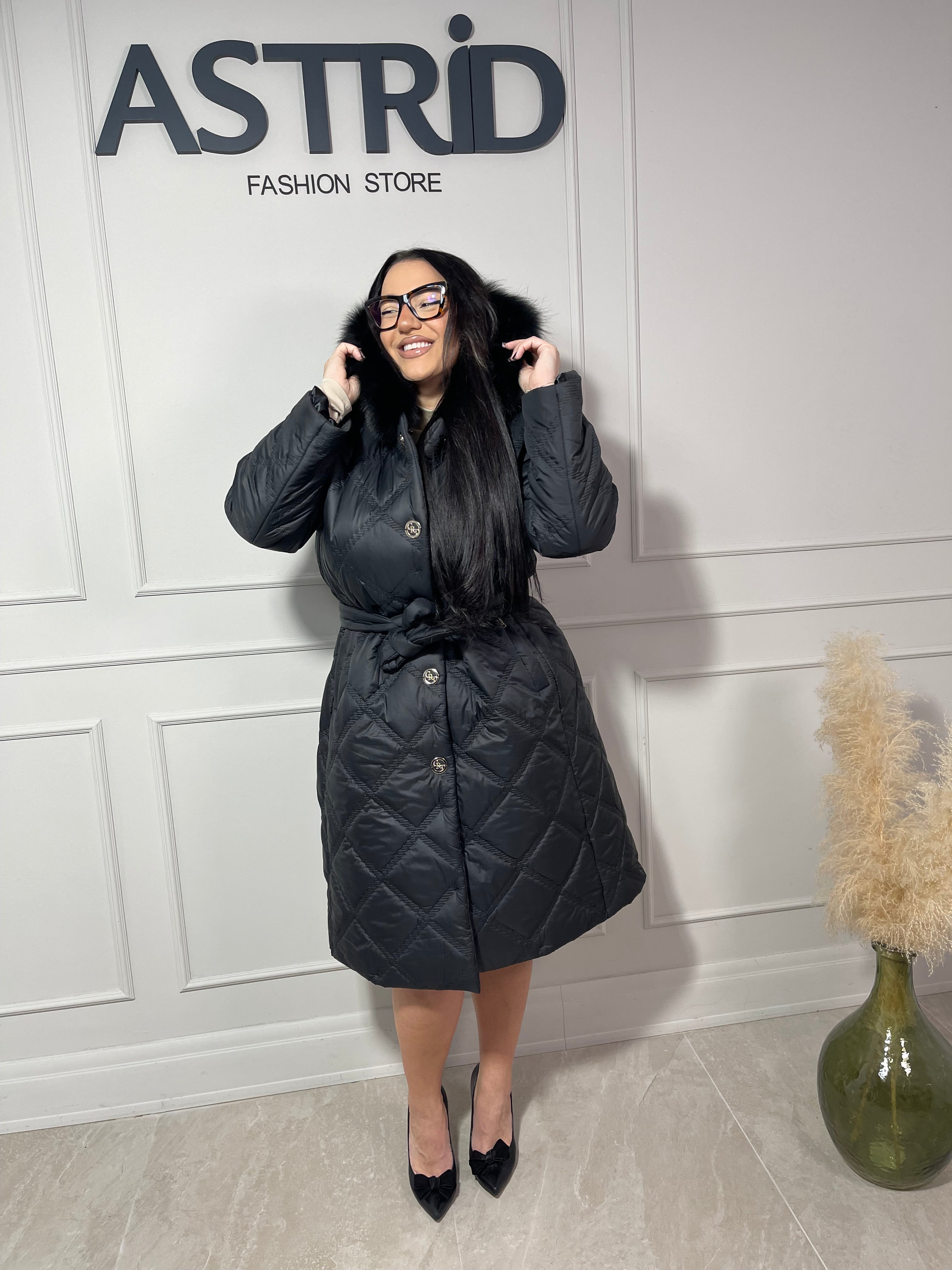 Geaca Mira lungă cu capse și cordon în talie