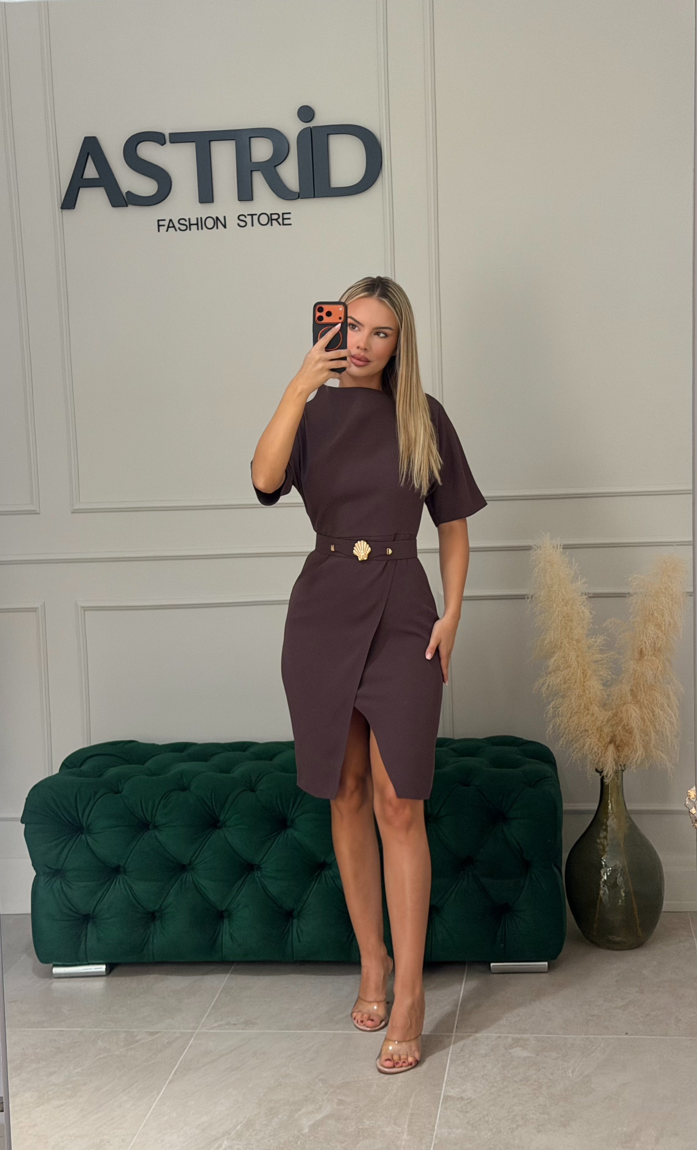 Rochie Harper midi cu maneci trei sferturi si curea in talie