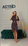 Rochie Harper midi cu maneci trei sferturi si curea in talie