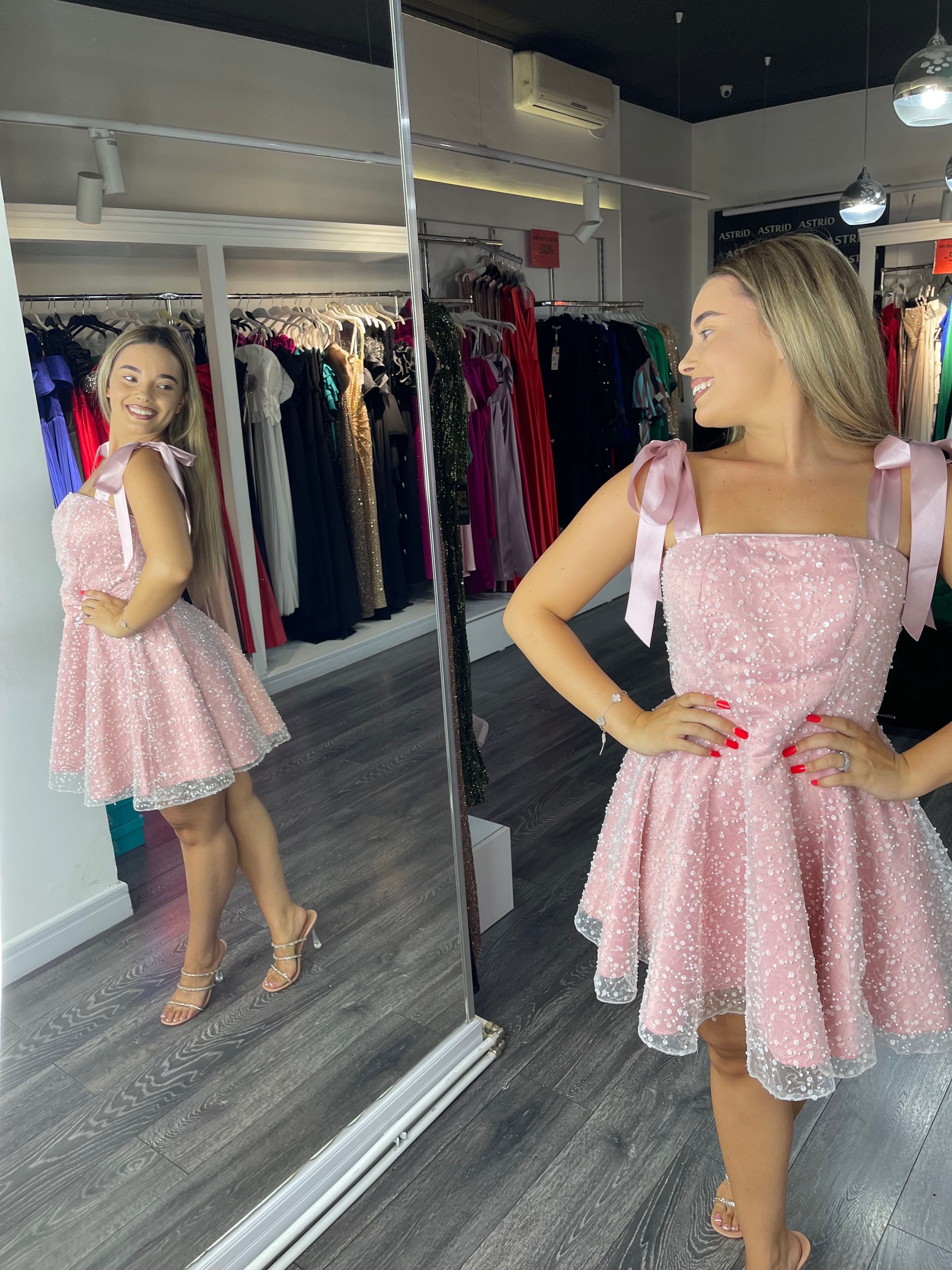 Rochie Amina scurta, roz, babydoll, bretele late