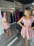 Rochie Amina scurta, roz, babydoll, bretele late
