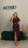 Rochie Eloise midi cu crapatura si pene la umeri curea aurie in talie