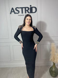 Rochie Maya lungă tip bandaj mânecă lungă și aplicații pietre colorate