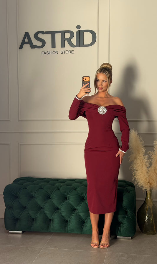 Rochie Dalma midi cu maneci tip barcuta si brosa la bust