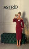 Rochie Dalma midi cu maneci tip barcuta si brosa la bust