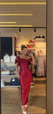 Rochie Ariel maxi din tafta satinata cu volane la bust și crăpătură la spate