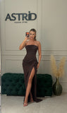 Rochie Milly lunga cu corset si trena laterală cu crapatura pe picior