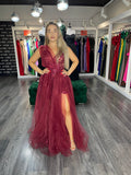 Rochie Alexia lungă din tiul falduri la bust și crăpătură pe picior