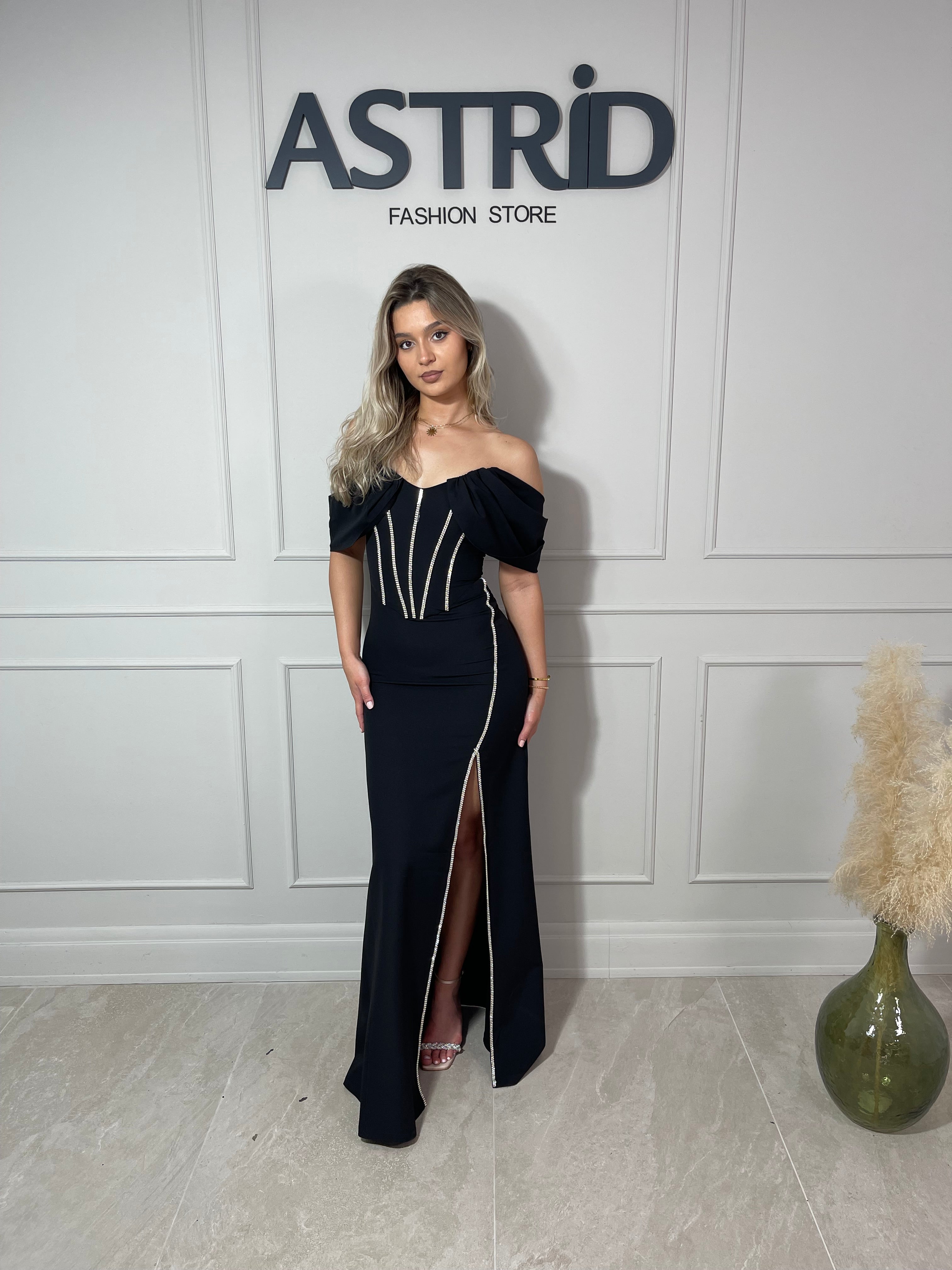 Rochie Erin lungă tip corset mâneci căzute ai aplicații pietre
