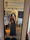 Rochie Clorie lunga maro cu peplum in talie si voal pe umar