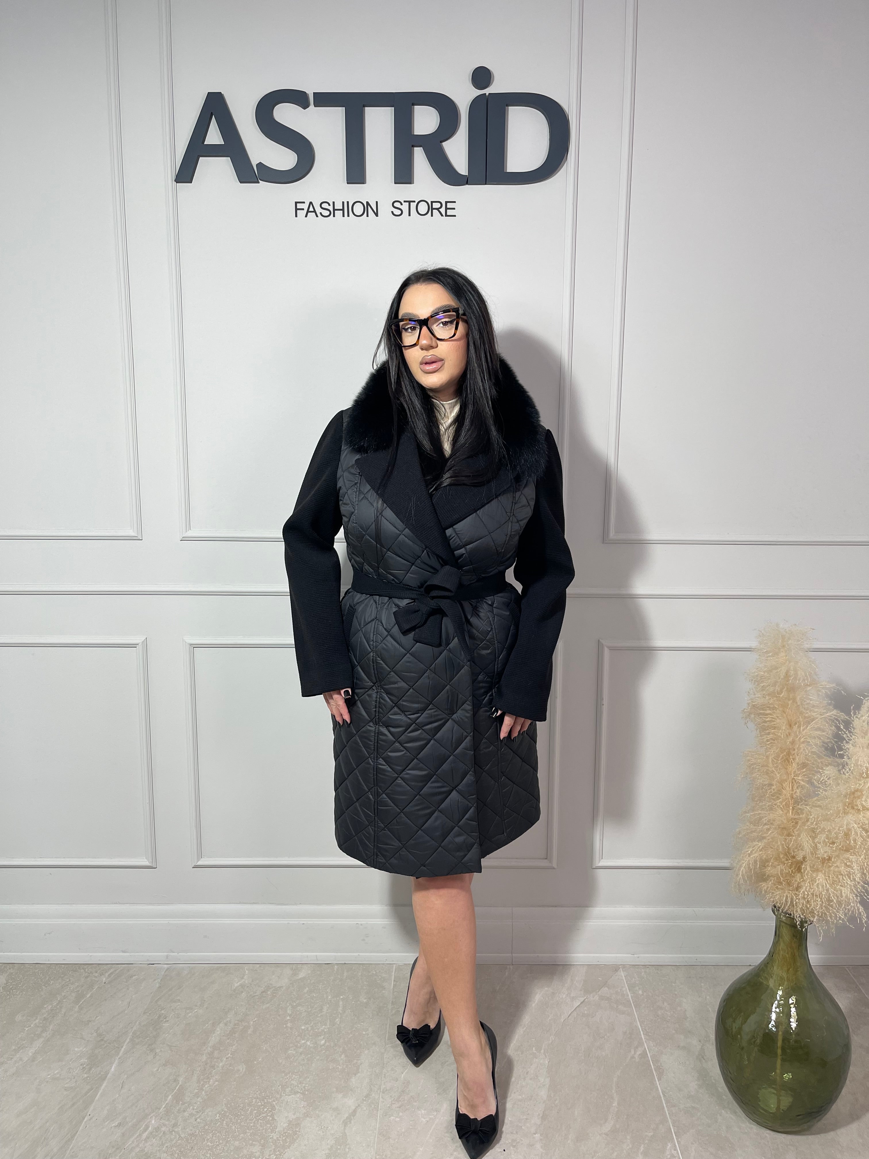 Palton Olivia combinație fâș și stofă