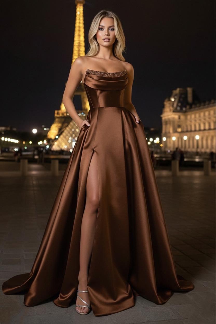 Rochie Opal lungă din satin bust căzut și aplicații pietre