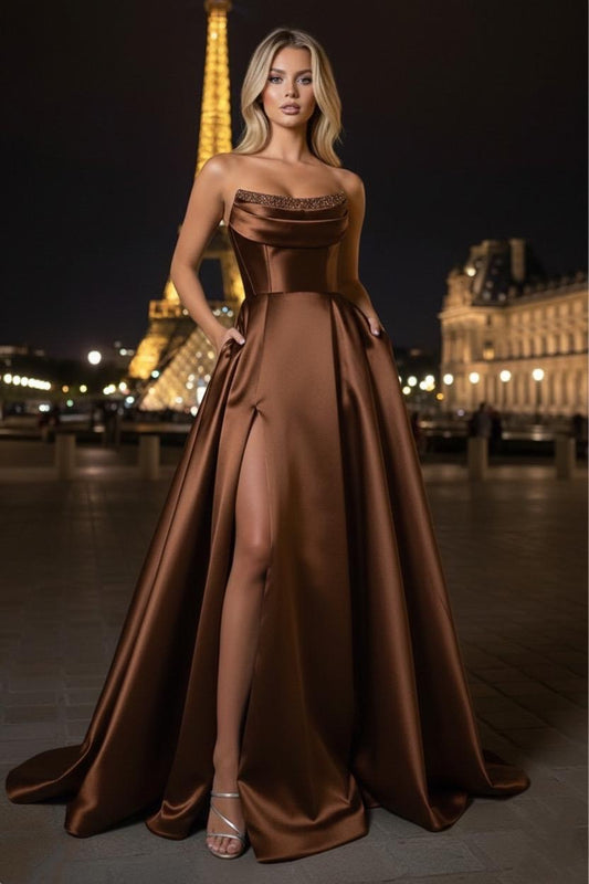 Rochie Opal lungă din satin bust căzut și aplicații pietre