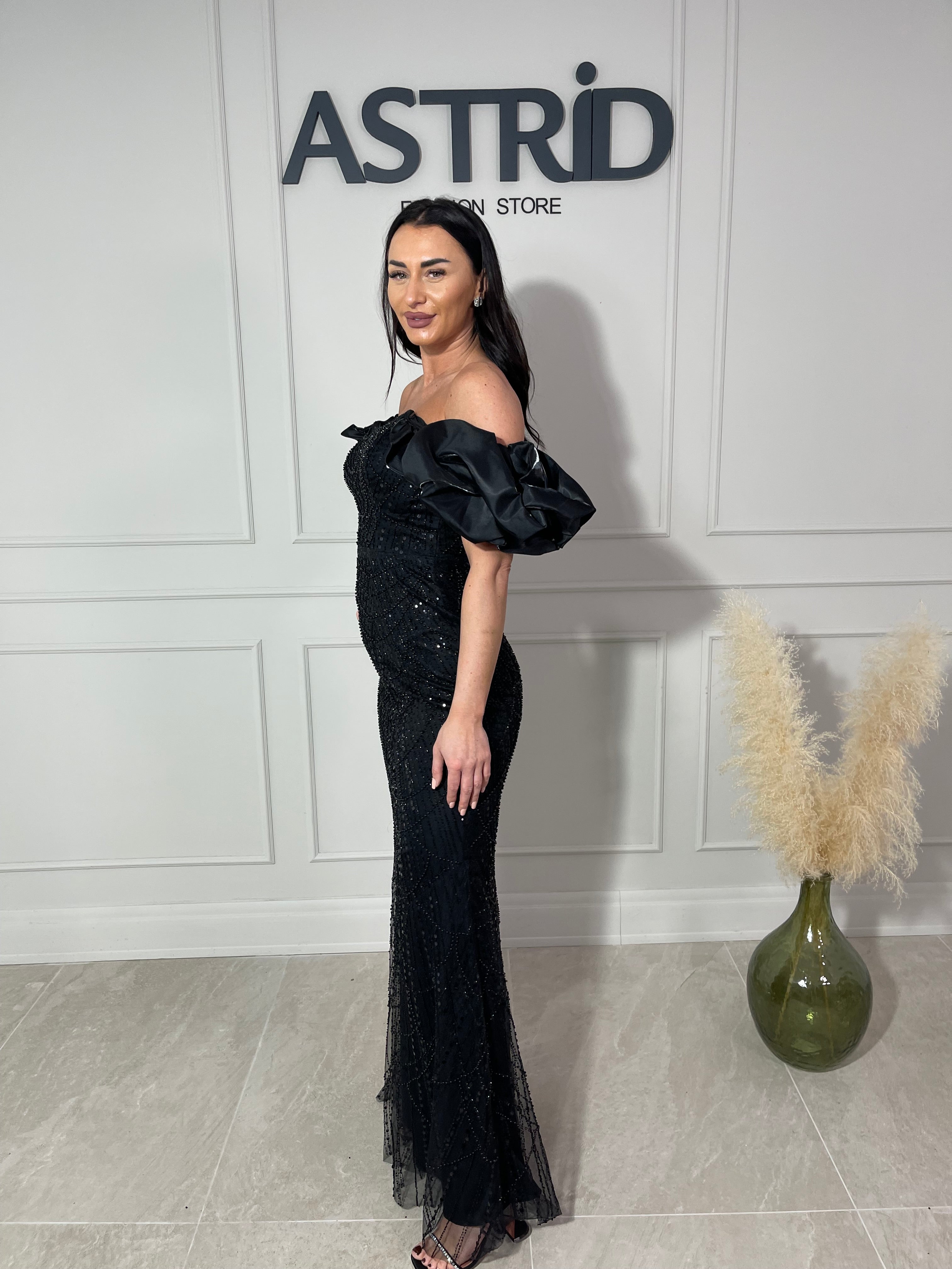 Rochie Amelie lungă din paiete cu mânecă bufantă