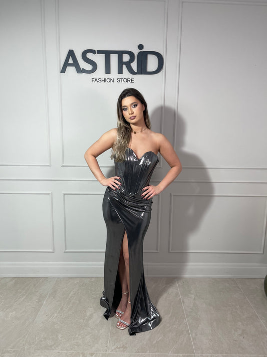 Rochie Alka lungă metalizata tip corset crăpătură pe picior