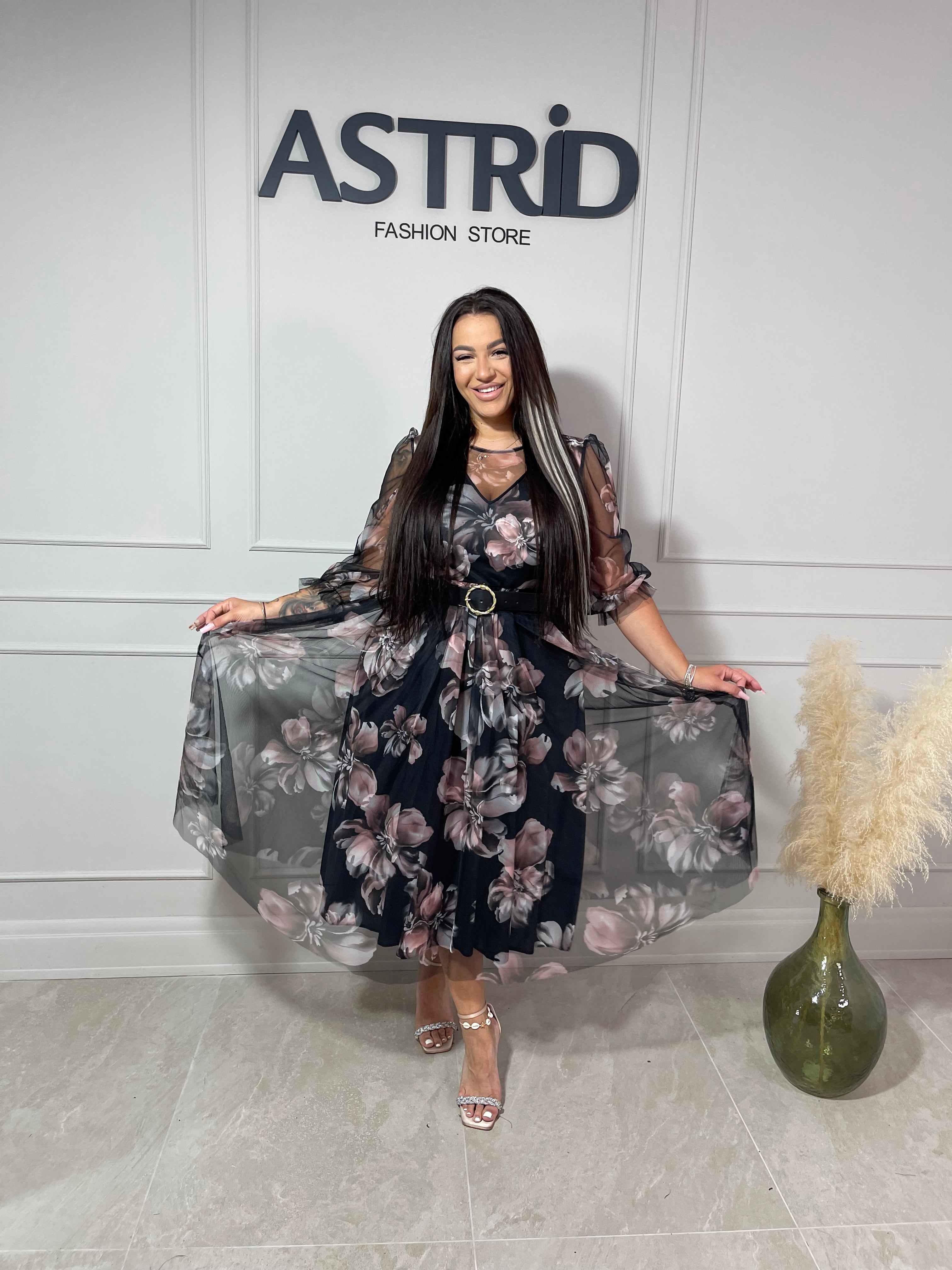 Rochie Eli midi din voal imprimeu floral și curea în talie