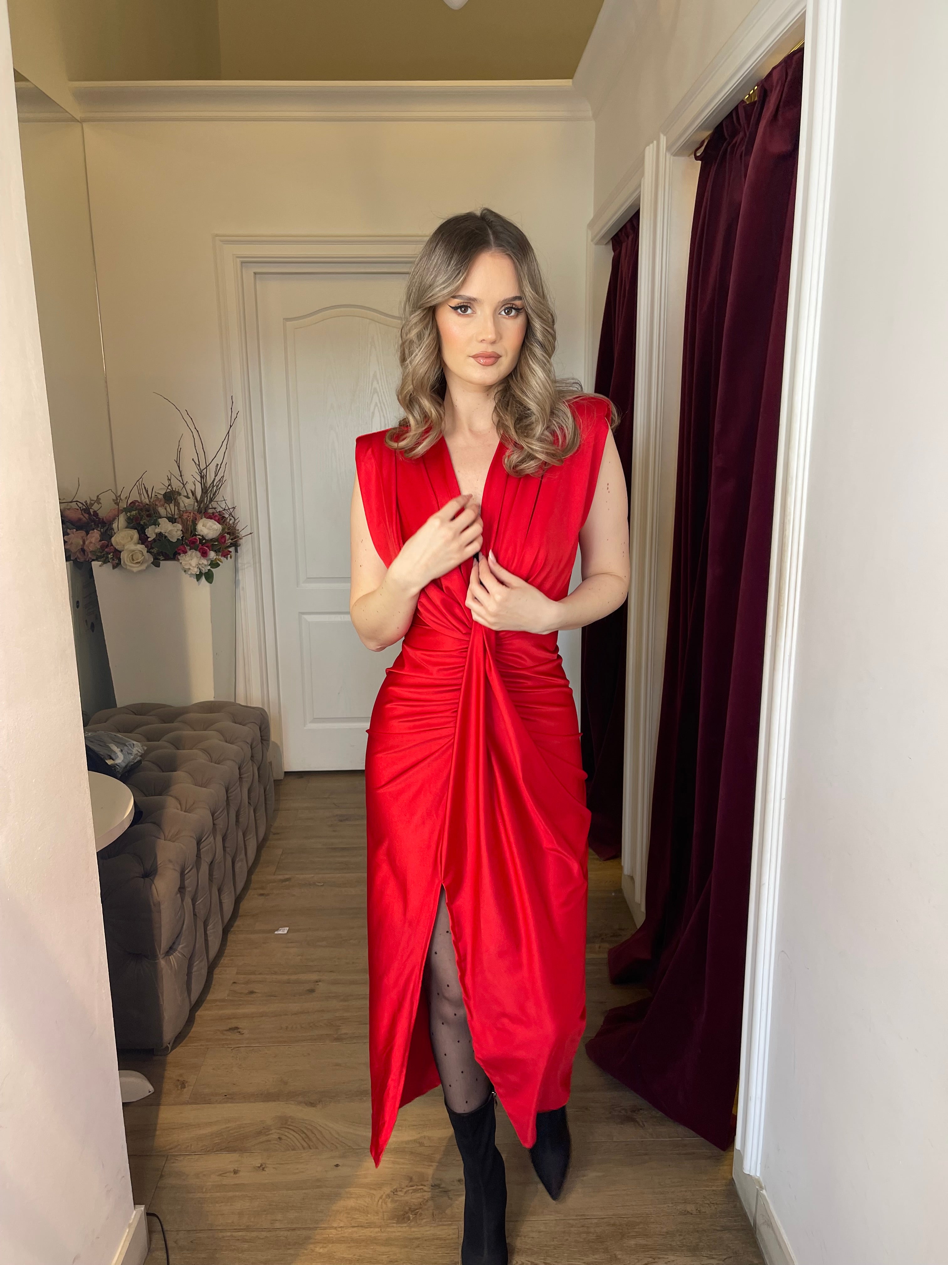 Rochie Nadina midi din lycra cu nod în talie