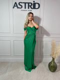 Rochie Afrodita lungă din satin umeri căzuți și falduri în talie