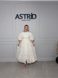 Rochie Aleya midi din broderie cu maneci bufante si cordon talie