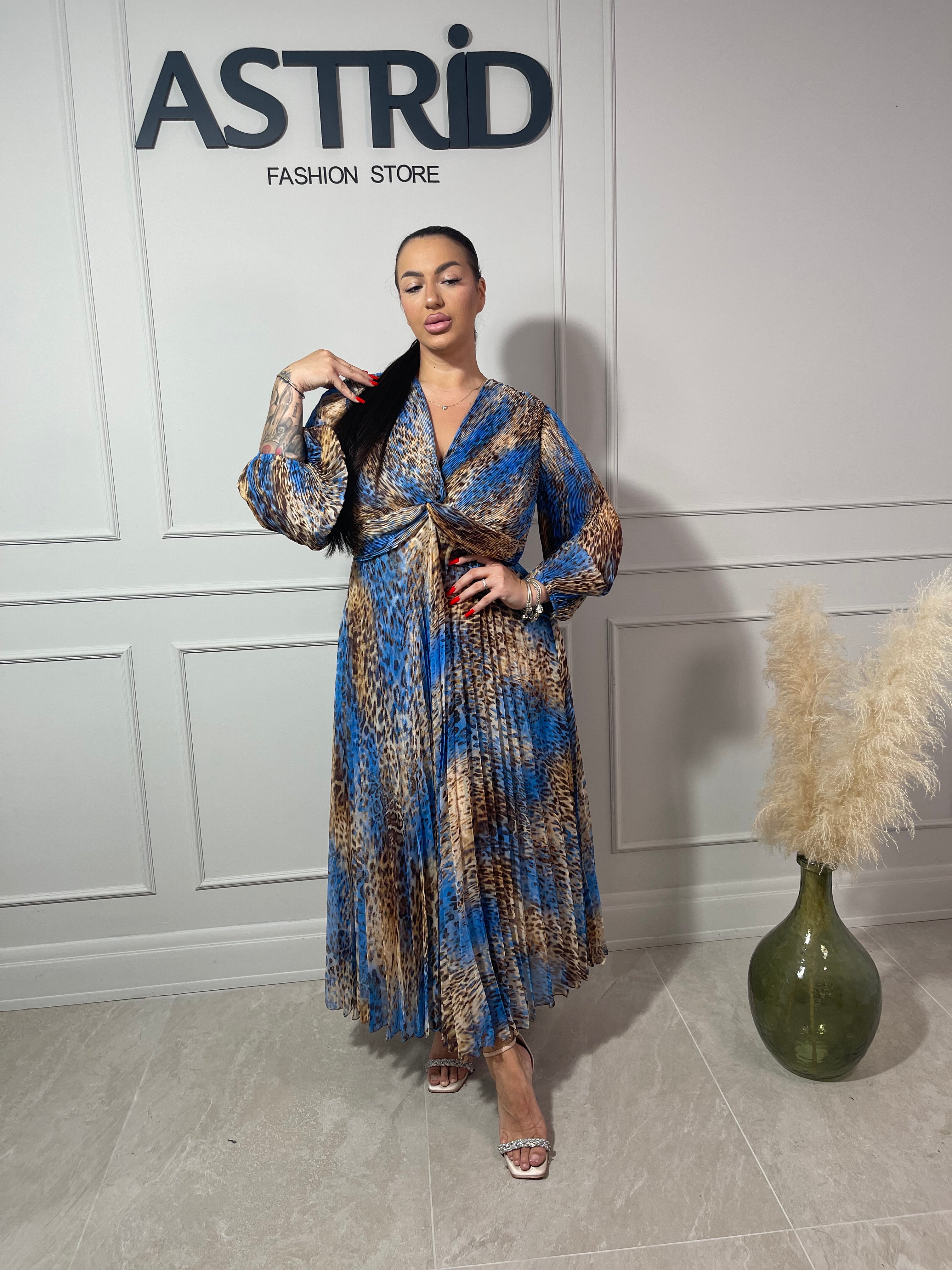 Rochie Naba lungă plisată cu imprimeu leopard