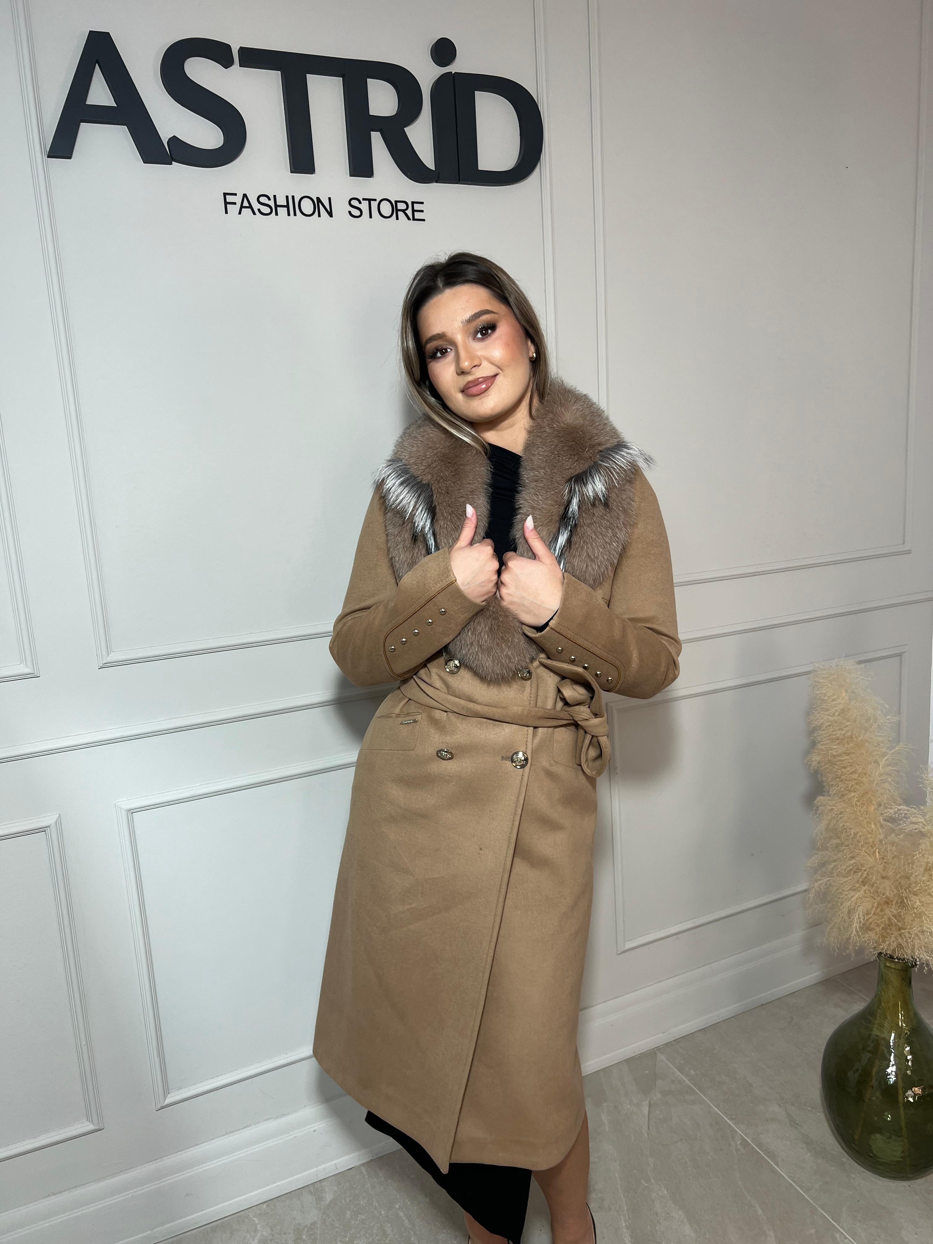 Palton Doriana lung din cașmir cu blană naturală și cordon în talie