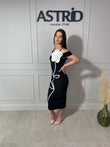 Rochie Amina midi neagră cu umeri căzuți și floare pe umăr
