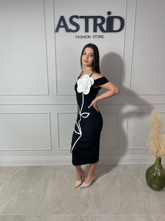 Rochie Amina midi neagră cu umeri căzuți și floare pe umăr