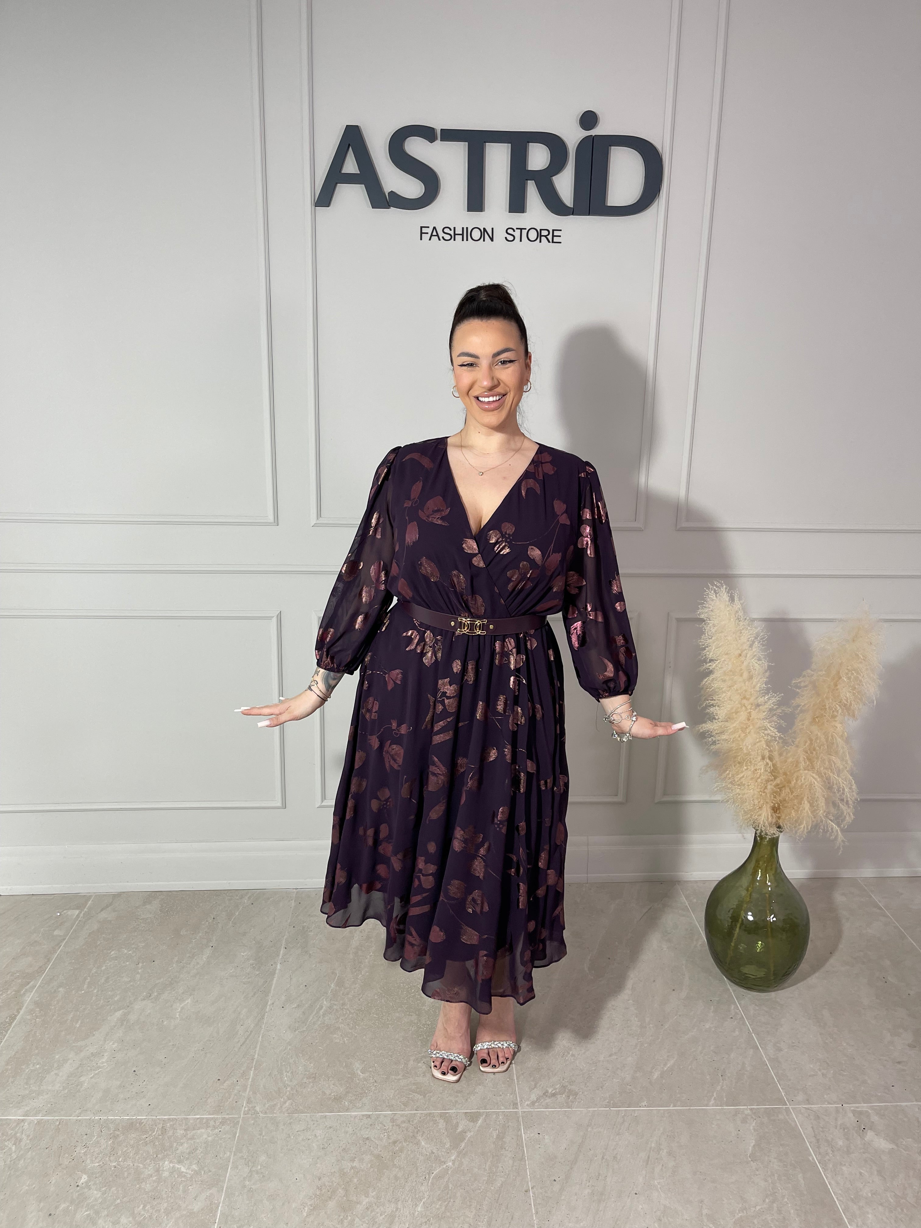 Rochie Elise midi din voal cu aplicații sclipici și mânecă lungă
