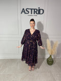 Rochie Elise midi din voal cu aplicații sclipici și mânecă lungă