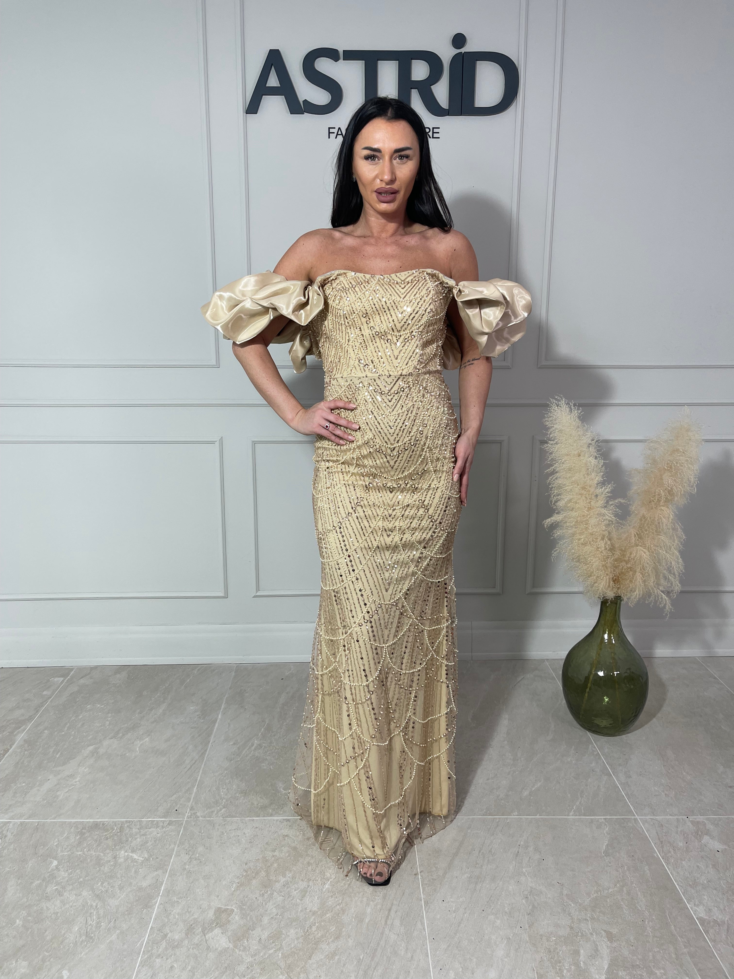 Rochie Amelie lungă din paiete cu mânecă bufantă