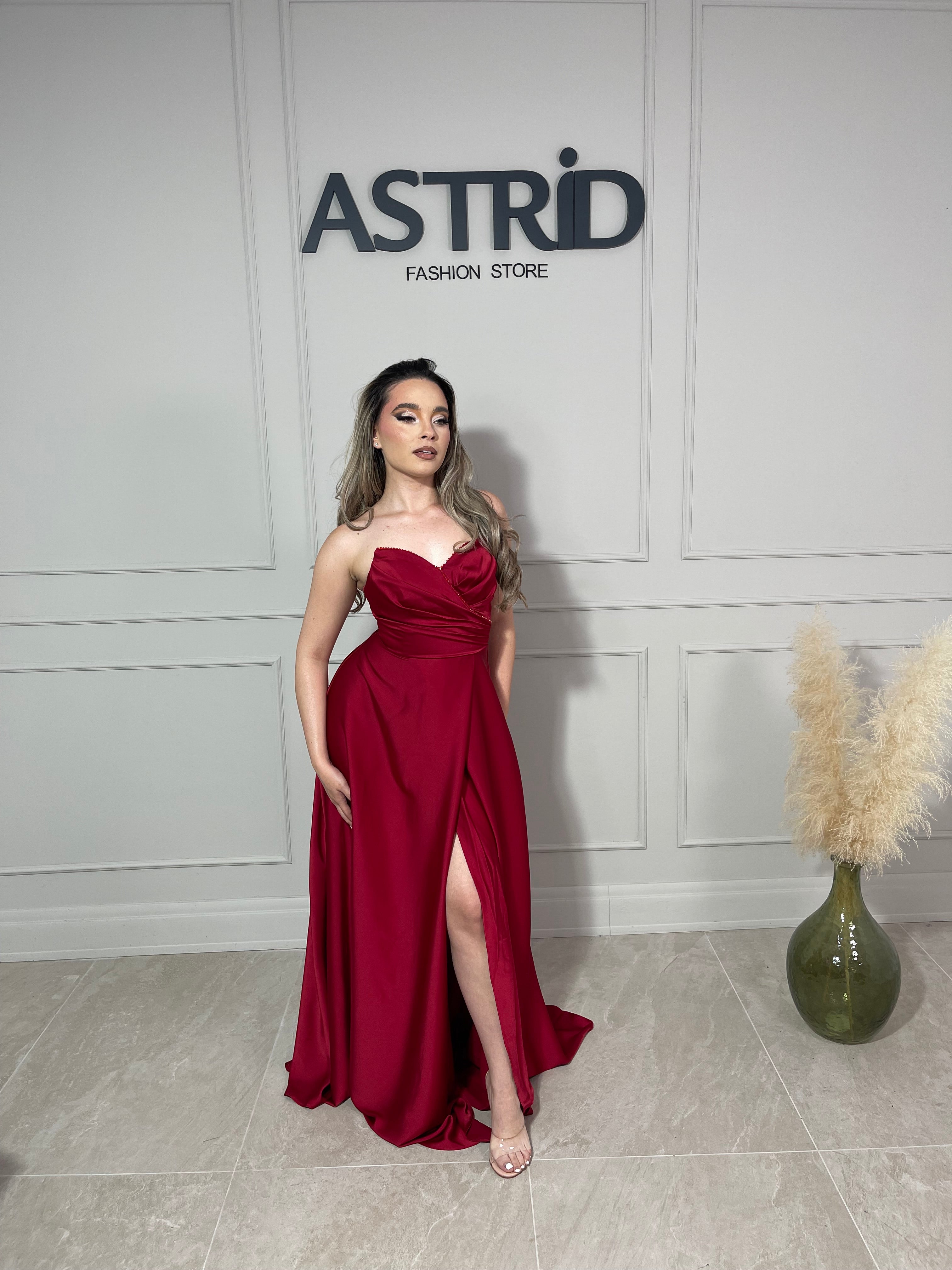 Rochie Eva lungă din satin tip corset și aplicații pietre la bust