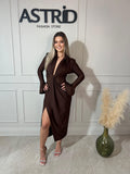 Rochie Kleo midi nod talie mânecă lungă cu volane și guler