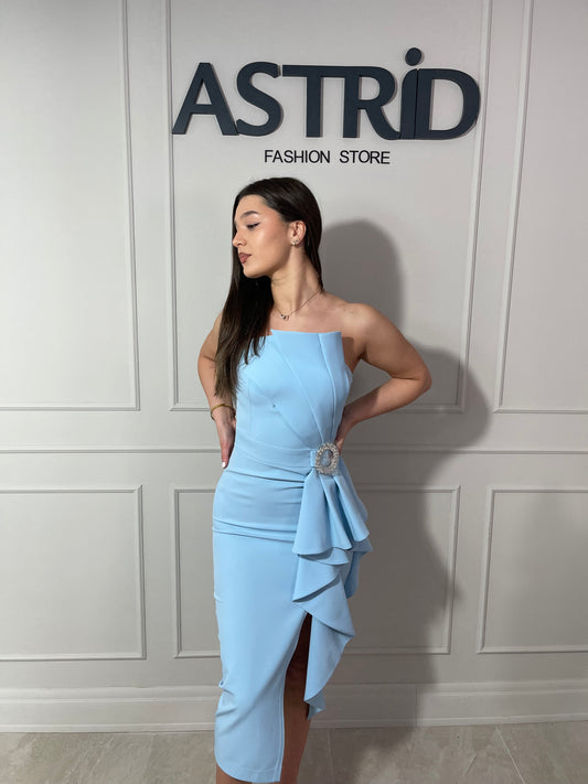 Rochie Dara midi falduri în talie și accesoriu floare