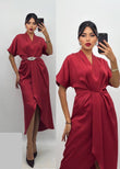 Rochie Yolanda midi curea în talie și crăpătură în față