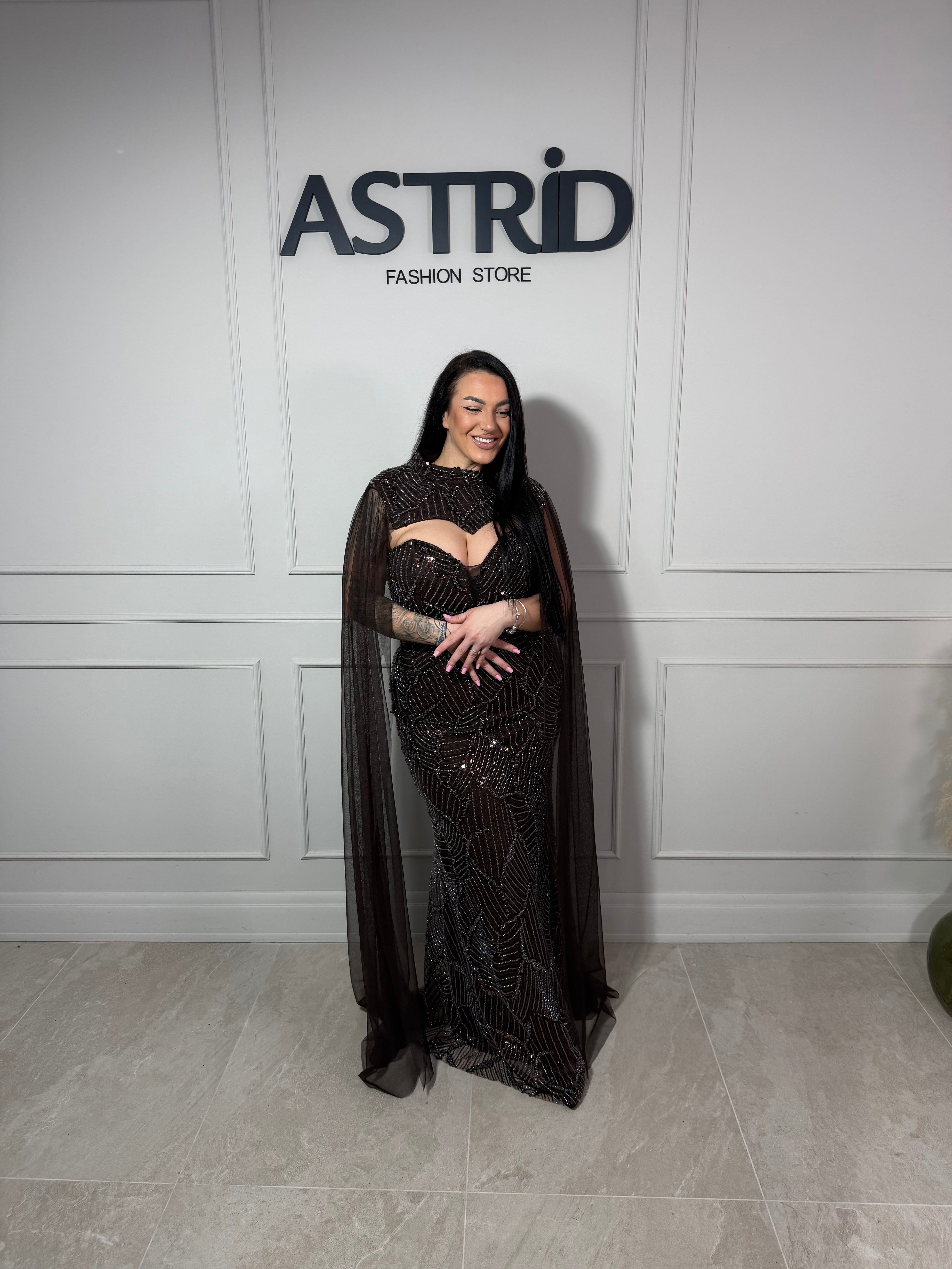 Rochie Opal lungă cu aplicații pietre și capa detașabilă