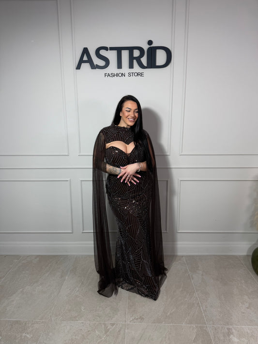 Rochie Opal lungă cu aplicații pietre și capa detașabilă